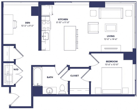Floor plan for 1 bed, 1 bath, 843 sqft